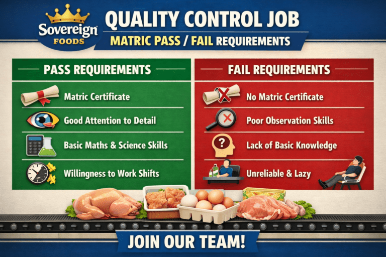 Sovereign Foods Quality Control Job Matric Pass Fail Requirements