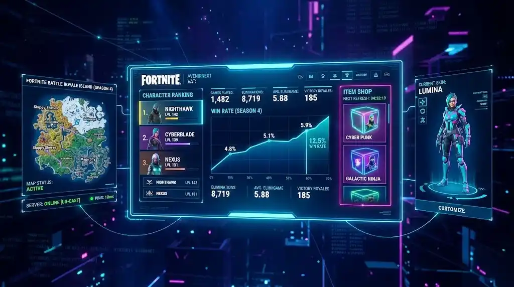 Fortnite gg dashboard display showing Season 4 player stats, character rankings, win rate graph, battle royale map, and item shop cosmetics.