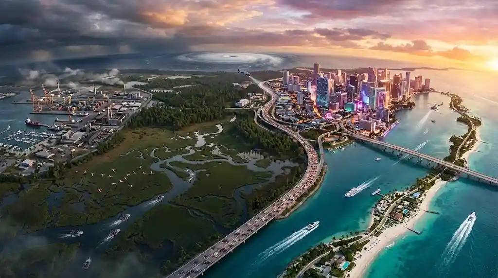 Breathtaking aerial view of the GTA 6 map concept inspired by modern Florida and Vice City with vibrant neon skyline and vast wetlands.