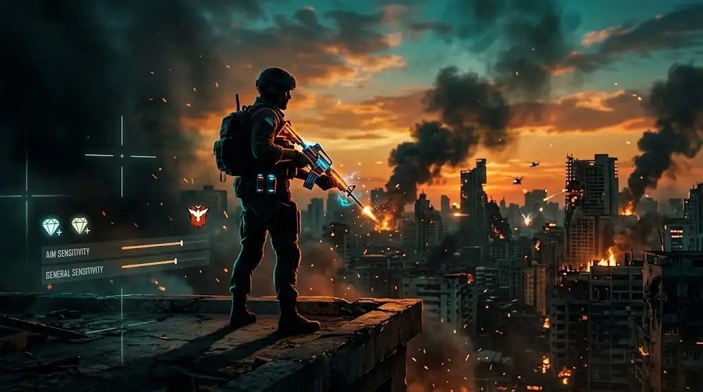 Silhouette of a Garena Free Fire soldier standing on a rooftop overlooking a sunset warzone with holographic gaming UI elements.