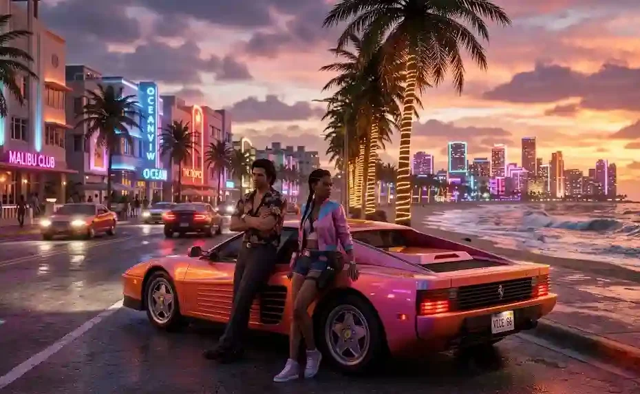Two protagonists leaning against a pink exotic sports car on a neon-lit Vice City oceanfront avenue at golden hour.