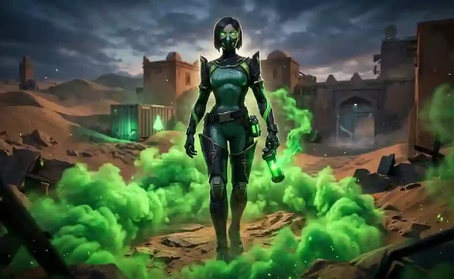 Digital illustration of Viper from Valorant in her sleek combat suit and dark face mask holding a glowing toxic canister amidst green poison gas on the Bind desert map.