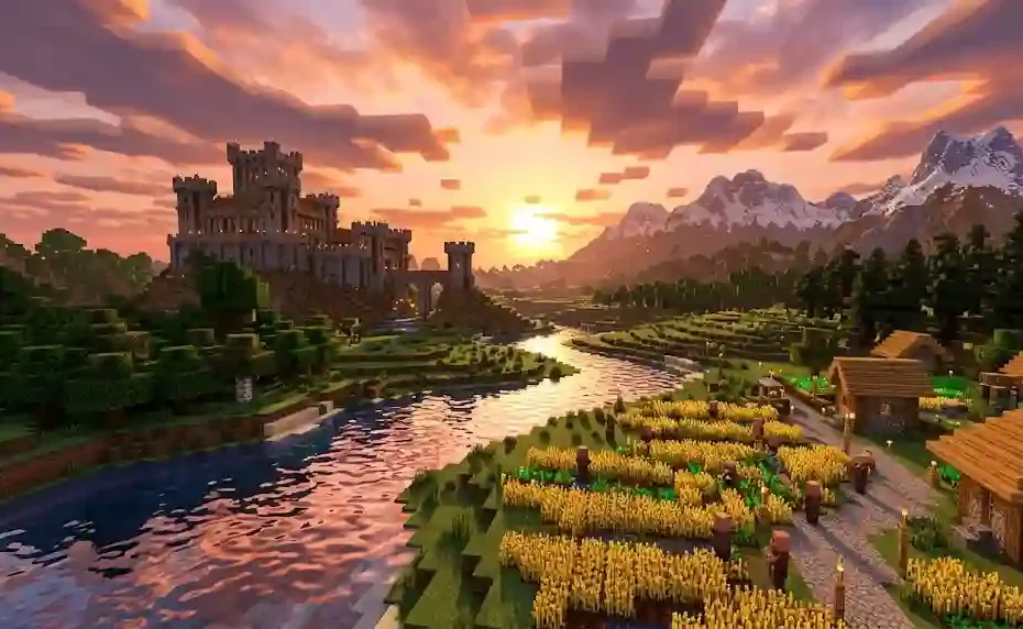 Minecraft medieval stone castle on a hill next to a winding river, wheat farm with villagers, and sunset sky with blocky volumetric clouds.