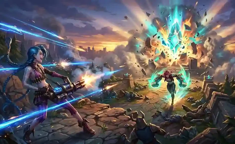Cinematic digital artwork of Jinx firing her minigun with blue neon streaks and Vi charging forward with glowing Hextech gauntlets on Summoner's Rift, featuring a massive Nexus explosion in the background during golden hour.